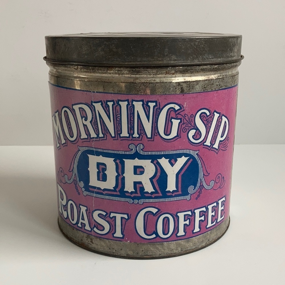 Coffee bar reproduction Morning Sip Dry Roast Coffee advertising tin with lid